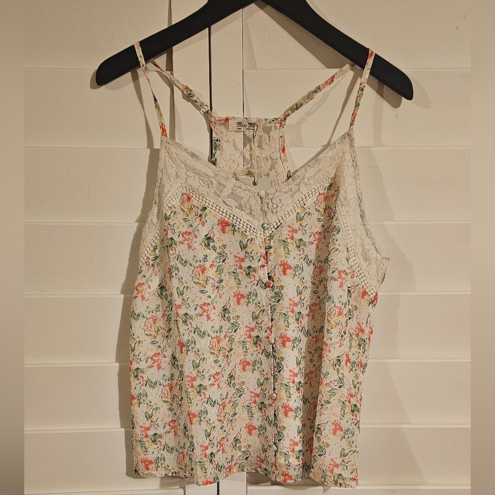 Miss Me Ivory floral Lace razor back tank top size Large
